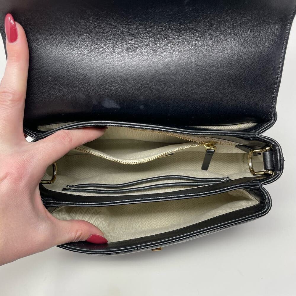 Tory Burch Kira Chevron Leather Top Handle Satchel 2 Way Shoulder Bag Black Gold - Picture 14 of 15